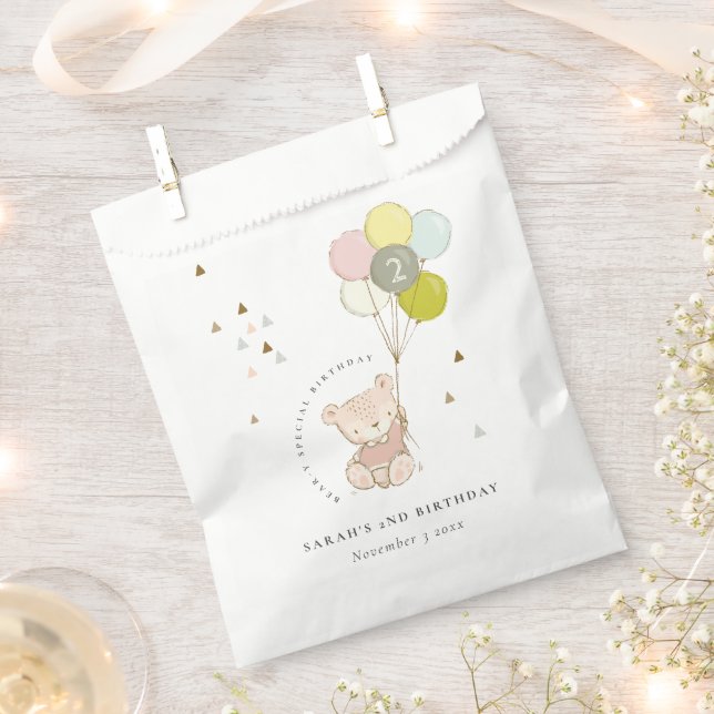 Cute Aqua Blush Bear Balloon Any Age Birthday Favor Bag (Clipped)