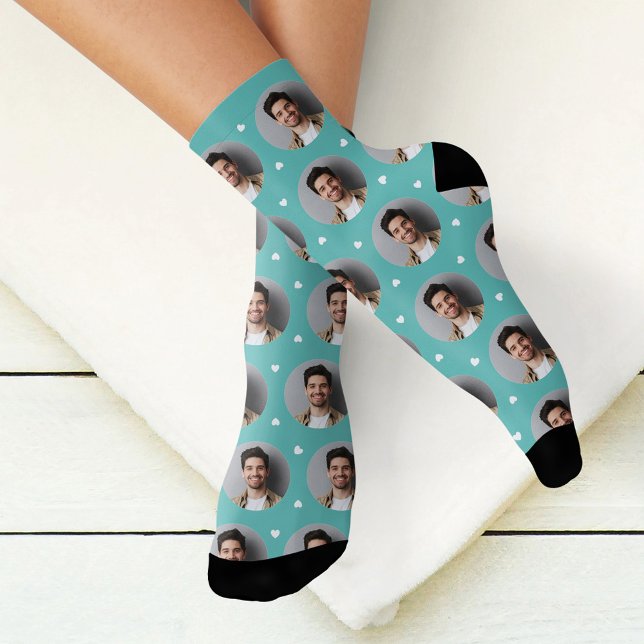 Cute Aqua Custom Boyfriend Photo Heart Socks (Creator Uploaded)