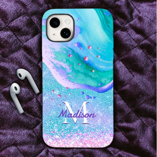 Cute aqua glitter purple marble art monogram iPhone 15 case