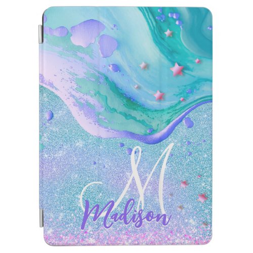 Cute aqua glitter purple marble art monogram iPad air cover