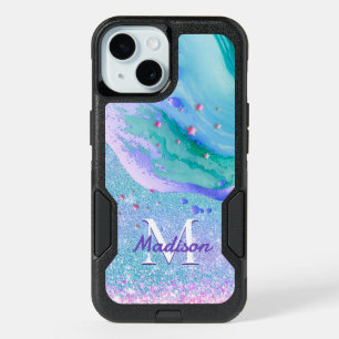 Cute aqua glitter purple marble art monogram iPhone 15 case