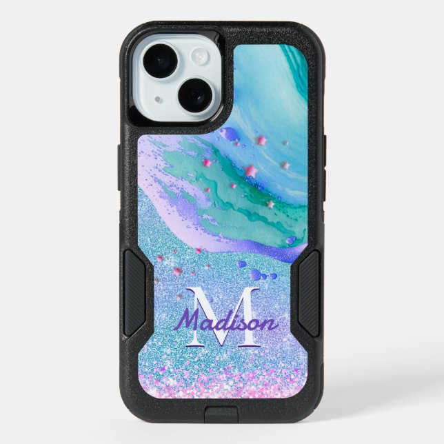 Cute aqua glitter purple marble art monogram iPhone 15 case (Back)