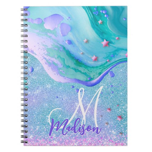 Cute aqua glitter purple marble art monogram notebook