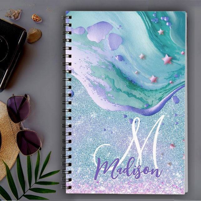Cute aqua glitter purple marble art monogram notebook (Creator Uploaded)