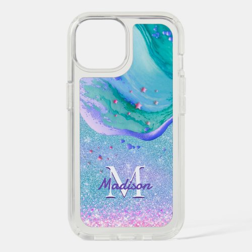Cute aqua glitter purple marble art monogram iPhone 15 case