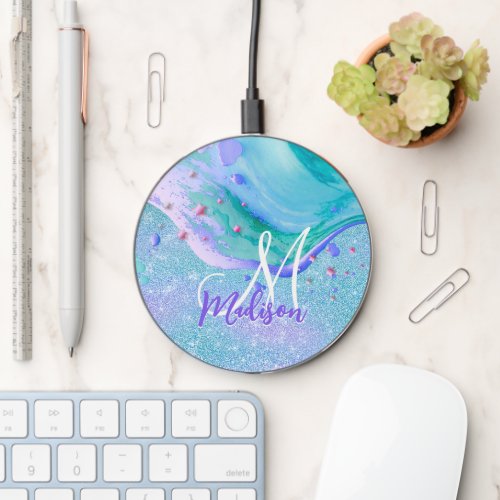 Cute aqua glitter purple marble art monogram wireless charger 