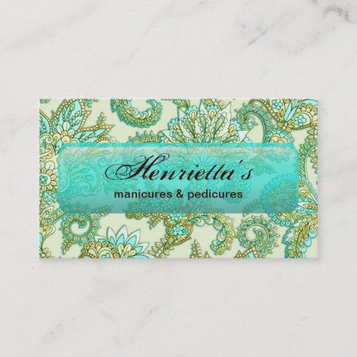 Cute Aqua Gold Paisley Floral Pattern Business Card Template