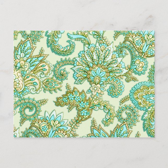 Cute Aqua Gold Paisley Floral Pattern Postcard (Front)
