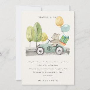 Cute Aqua Green Any Age Birthday Party Teddy Car Thank You Card