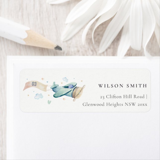 Cute Aqua Green Blue Kid Plane Cloud Heart Address Label (Insitu)