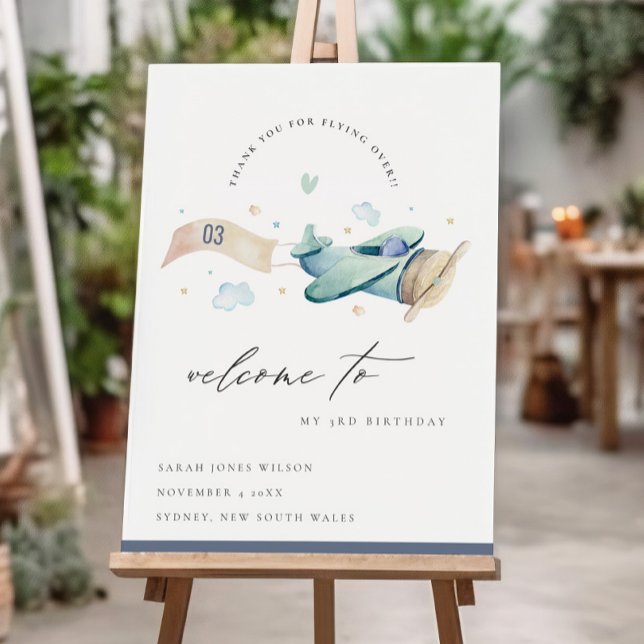 Cute Aqua Green Blue Kids Plane Birthday Welcome Foam Board (Creator Uploaded)