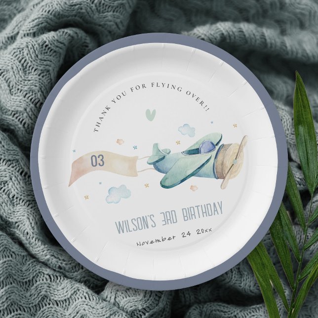 Cute Aqua Green Blue Kids Plane Clouds Birthday Paper Plates (Creator Uploaded)