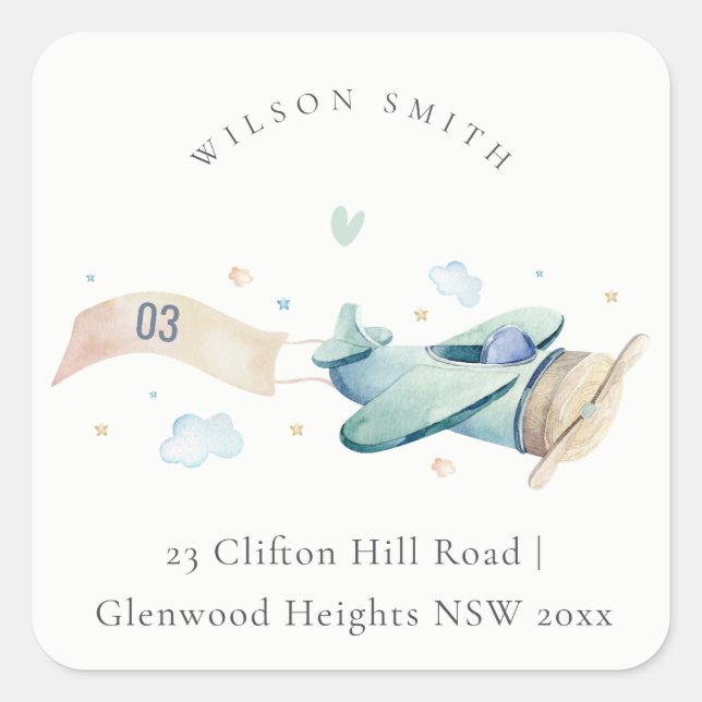 Cute Aqua Green Blue Plane Cloud Heart Address  Square Sticker (Front)