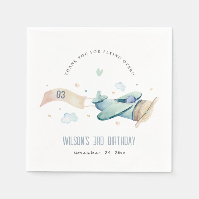 Cute Aqua Green Blue Plane Cloud Heart Birthday Napkins (Front)