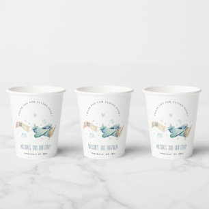 Cute Aqua Green Blue Plane Cloud Heart Birthday Paper Cups