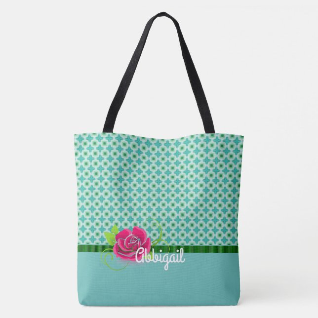 Cute Aqua & Green Pattern Pink Rose Personalized Tote Bag (Back)