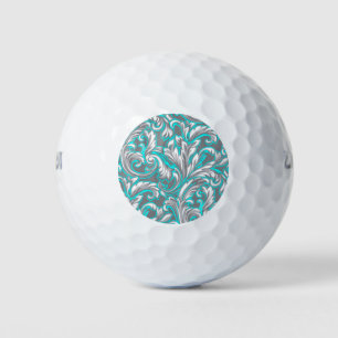 Cute aqua grey seamless floral pattern golf balls