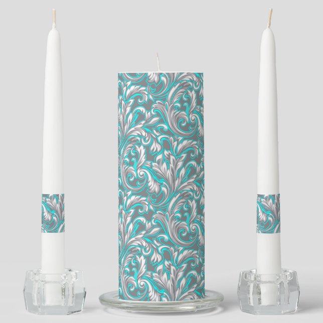 Cute aqua grey seamless floral pattern unity candle set (Front)