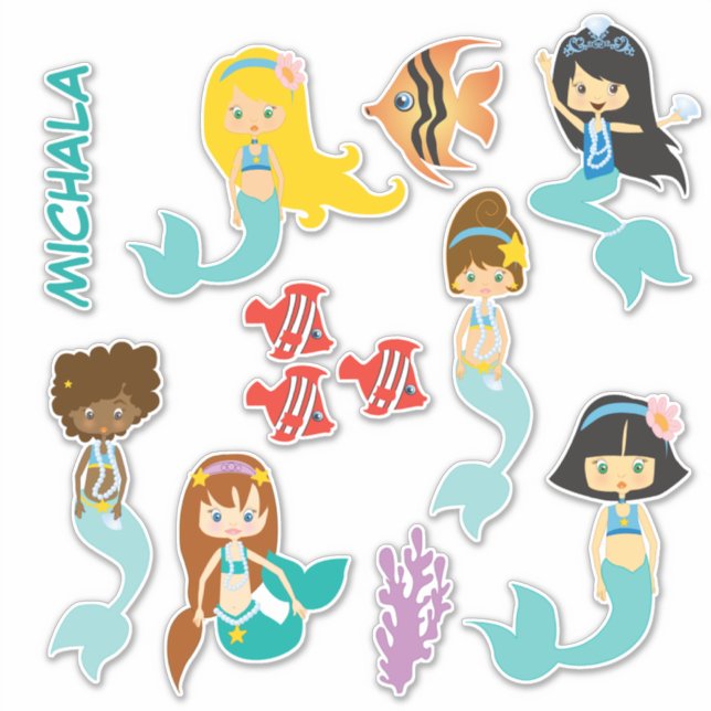 Cute Aqua Mermaid Princess Contour Sticker (Front)