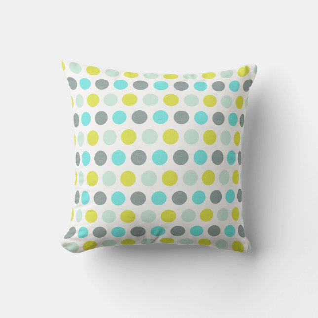 Cute Aqua Mint Blue Yellow Polka Dot Pattern Throw Pillow (Front)