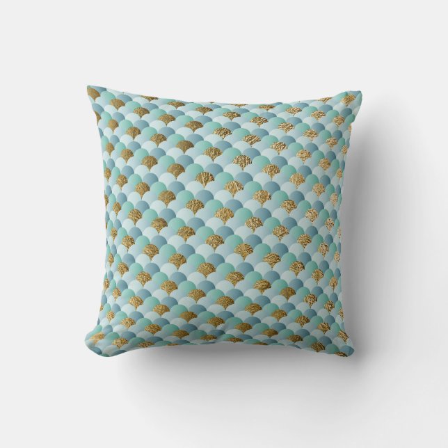 Cute Aqua Mint Gold Mermaid Scales Throw Pillow (Front)