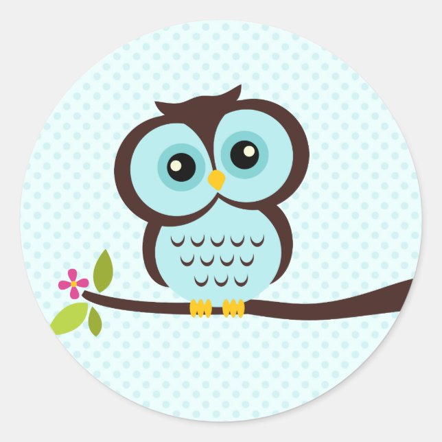 Cute Aqua Owl Classic Round Sticker (Front)