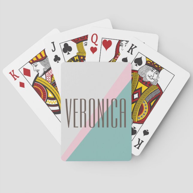 Cute Aqua Pink Geometric Personalized Name Chic Poker Cards (Back)