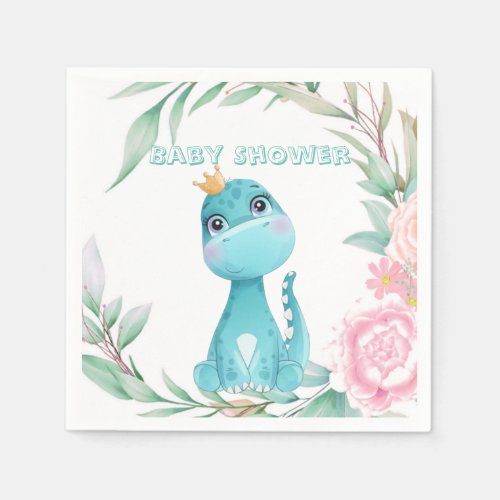 Cute Aqua  Princess Dinosaur Baby Shower Napkins
