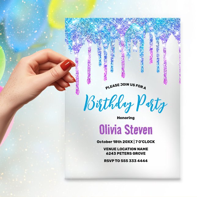 Cute Aqua purple Glitter Drips monogram birthday  Acrylic Invitations (Creator Uploaded)