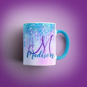 Cute Aqua Purple Unicorn Glitter Drips monogram Mug