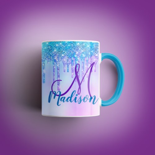 Cute Aqua Purple Unicorn Glitter Drips monogram Mug