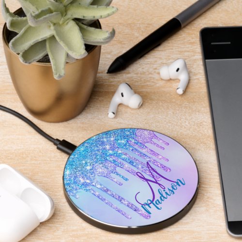 Cute Aqua Purple Unicorn Glitter Drips monogram Wireless Charger