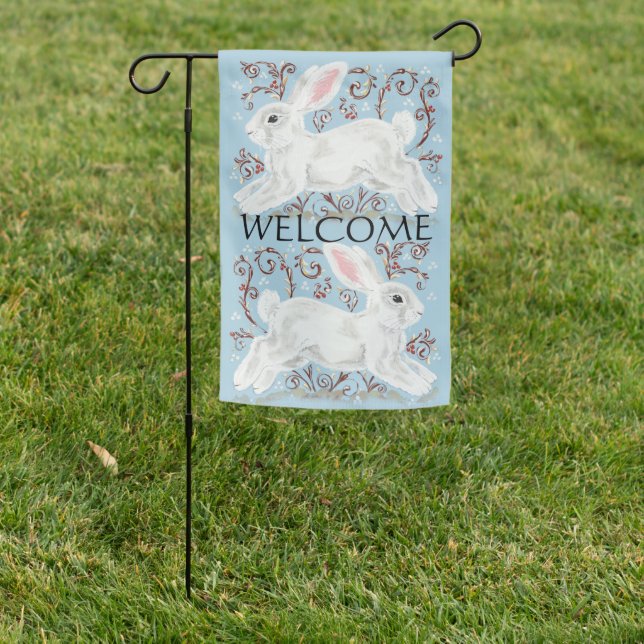 Cute Aqua Spring Easter Bunny Rabbit Welcome Garden Flag (In SItu)
