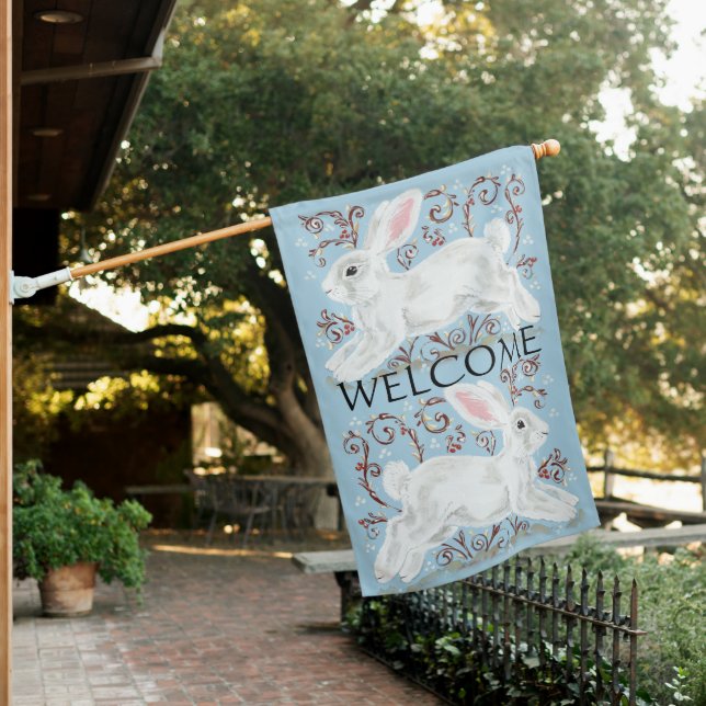Cute Aqua Spring Easter Bunny Rabbit Welcome  House Flag (In SItu)