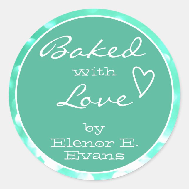 Cute Aqua Teal Green Orbs Frame Baked with Love Classic Round Sticker (Front)