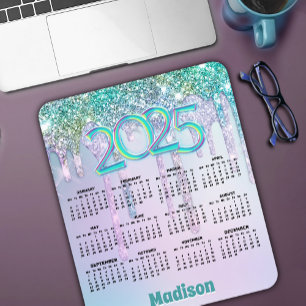 Cute Aqua Turquoise Glitter Drips 2025 calendar  Mouse Pad