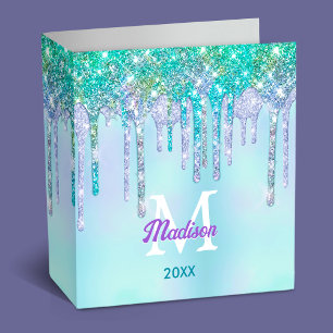 Cute Aqua Turquoise Unicorn Glitter Drips monogram 3 Ring Binder