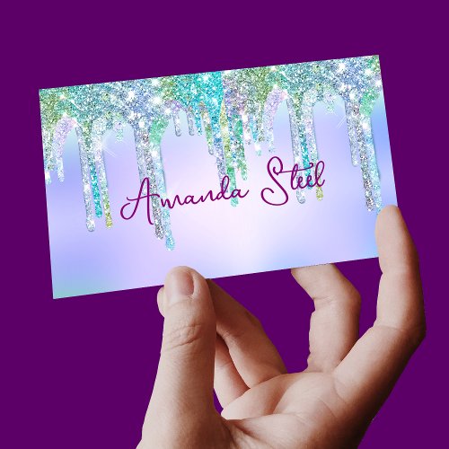 Cute Aqua Turquoise Unicorn Glitter Drips monogram Business Card