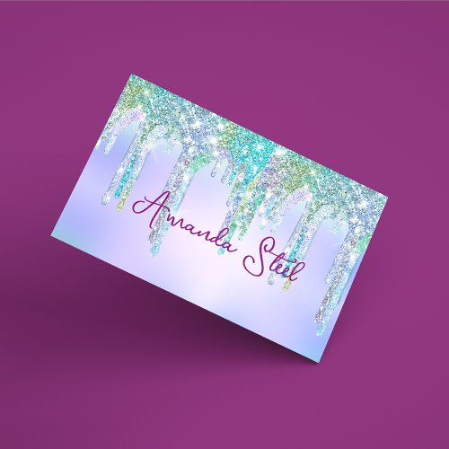 Cute Aqua Turquoise Unicorn Glitter Drips monogram Business Card Magnet