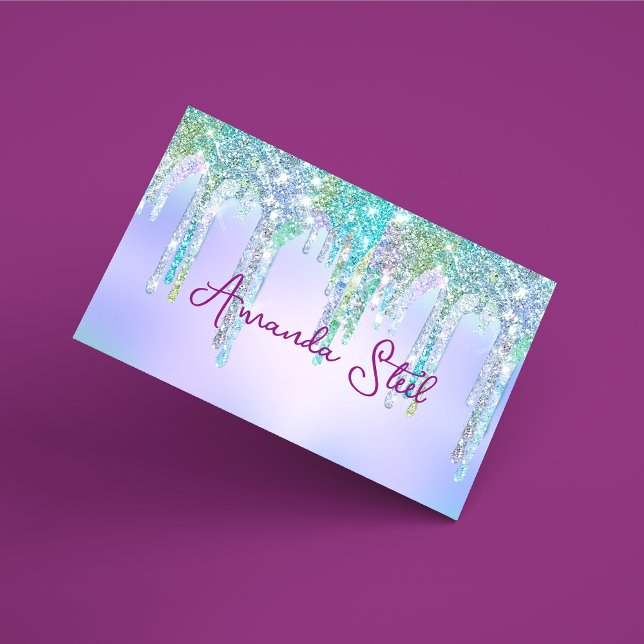 Cute Aqua Turquoise Unicorn Glitter Drips monogram Business Card Magnet (Creator Uploaded)