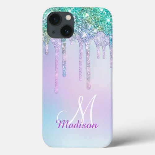 Cute Aqua Turquoise Unicorn Glitter Drips monogram iPhone 13 Case