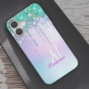 Cute Aqua Turquoise Unicorn Glitter Drips monogram iPhone 16 Case