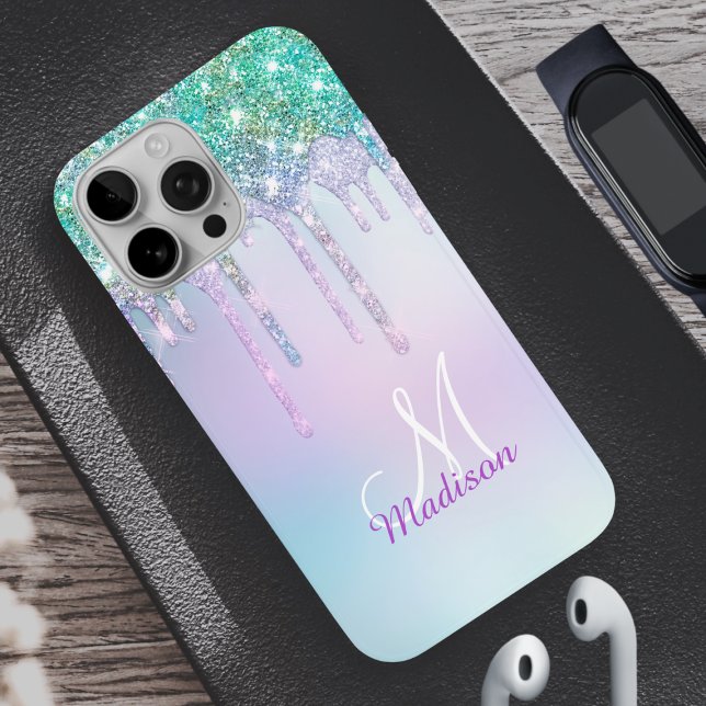 Cute Aqua Turquoise Unicorn Glitter Drips monogram Case-Mate iPhone Case (Creator Uploaded)