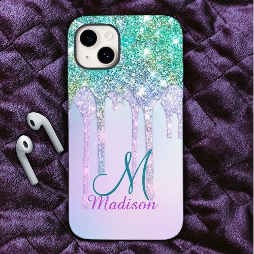 Cute Aqua Turquoise Unicorn Glitter Drips monogram Case_Mate iPhone 14 Case