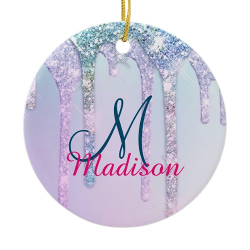 Cute Aqua Turquoise Unicorn Glitter Drips monogram Ceramic Ornament