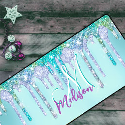 Cute Aqua Turquoise Unicorn Glitter Drips monogram Desk Mat
