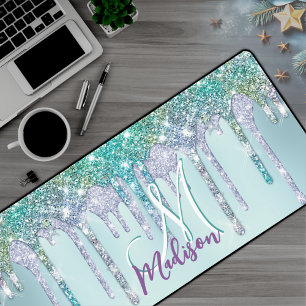 Cute Aqua Turquoise Unicorn Glitter Drips monogram Desk Mat