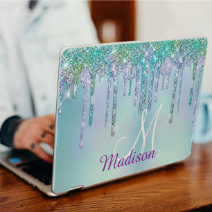 Cute Aqua Turquoise Unicorn Glitter Drips monogram HP Laptop Skin