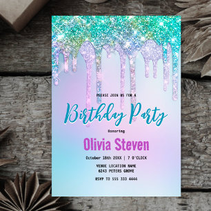 Cute Aqua Turquoise Unicorn Glitter Drips monogram Invitation