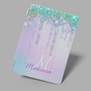 Cute Aqua Turquoise Unicorn Glitter Drips monogram iPad Mini Cover